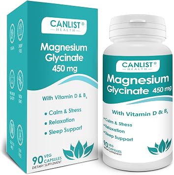 CANLIST Magnesium Glycinate Supplements 450mg for Bone & Muscle Health, Supports Deep Sleep, Muscle Relaxation & Stress Relief, High Absorption, Vegan, Non-GMO, 90 Capsules