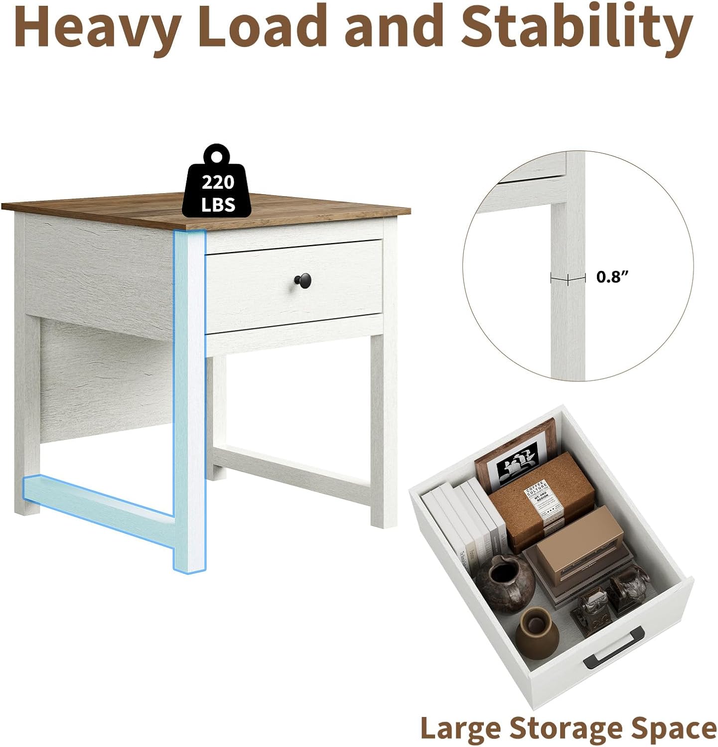 Rresyet Large Nightstand with Wheels, End Table with Drawer & 2 Lockable Wheels, 21.2" D x 19.6" W x 22" H, Large Side Table with Storage, Side Table for Living Room, Bedroom, Office(White)