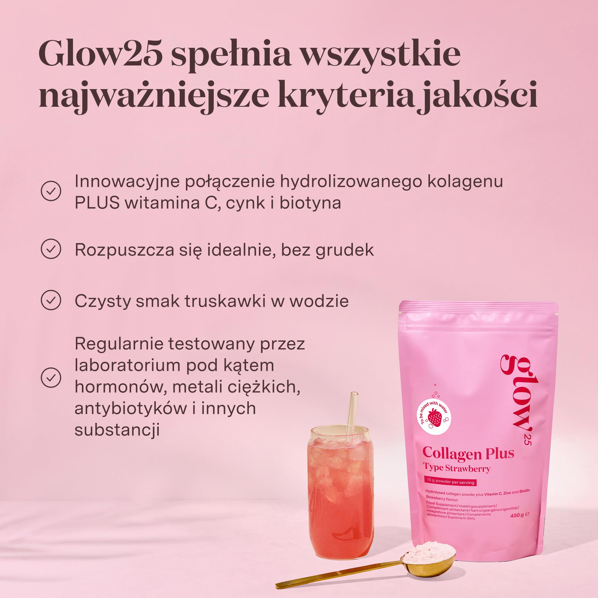Glow25® Collagen Plus Type Strawberry [450g] – Hydrolizat kolagenu z witaminą C, cynkiem i biotyną – Peptydy typu 1 i 3 – Stworzony specjalnie do wody – O smaku truskawkowym