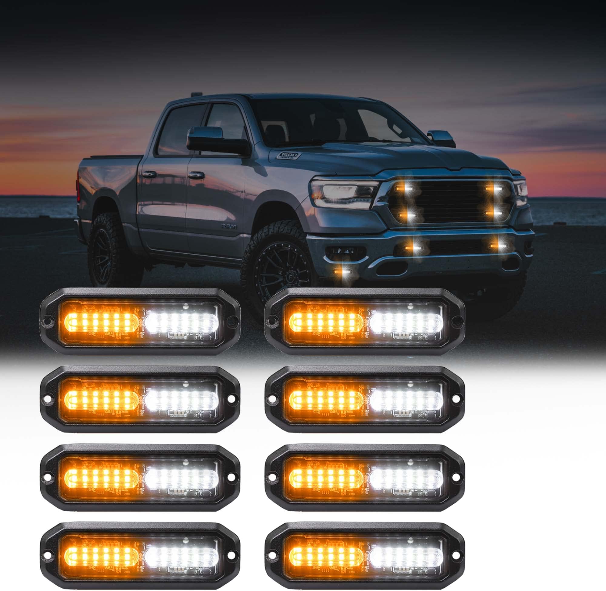 WINECO Amber/White LED Strobe Lights Kit - 8pcs 12-LED Flashing Emergency Warning Lights for Trucks, Cars and Vehicles