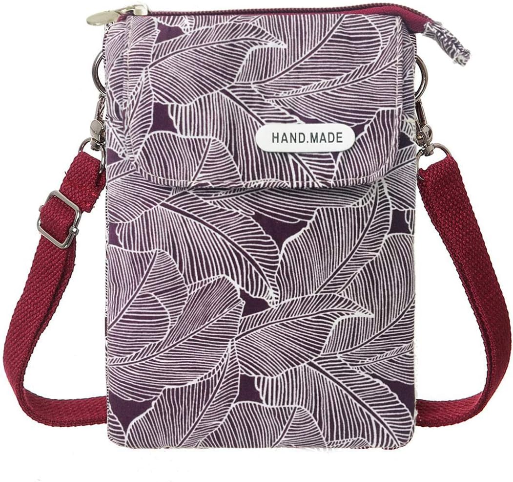 Leaf Pattern Canvas Cell Phone Purse Wallet Lightweight Small Crossbody Purse Bags for Women Girls