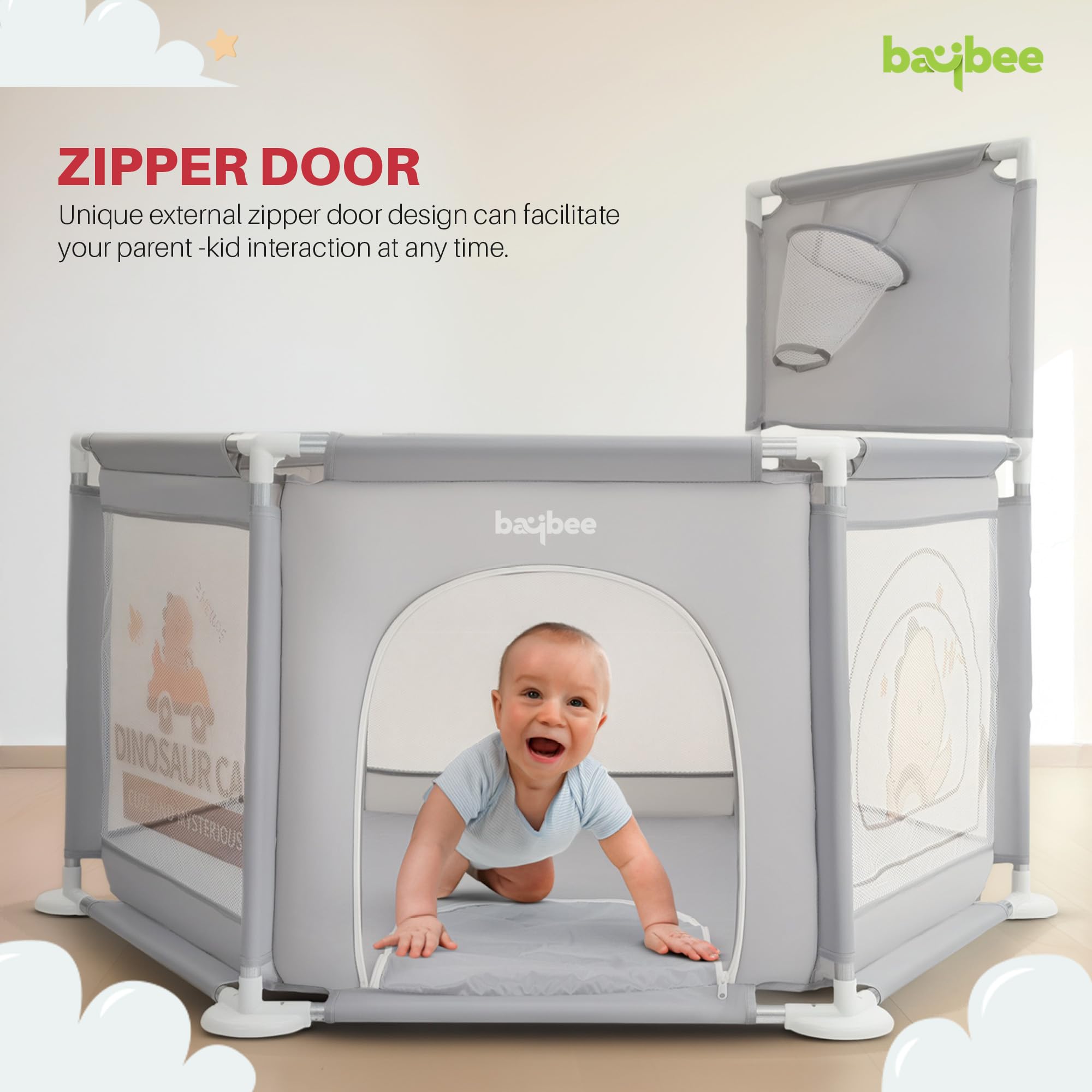 Baybee Neo Plus Kids Playpen for Babies | Baby Activity Playards with Basket Ball Hoop, Zipper Door & Corner Protection | Baby Play Area Indoor Setup with Hexagon shape for Extra Space | Outdoor Play Pen for Baby up to 5 Years (Grey) 3