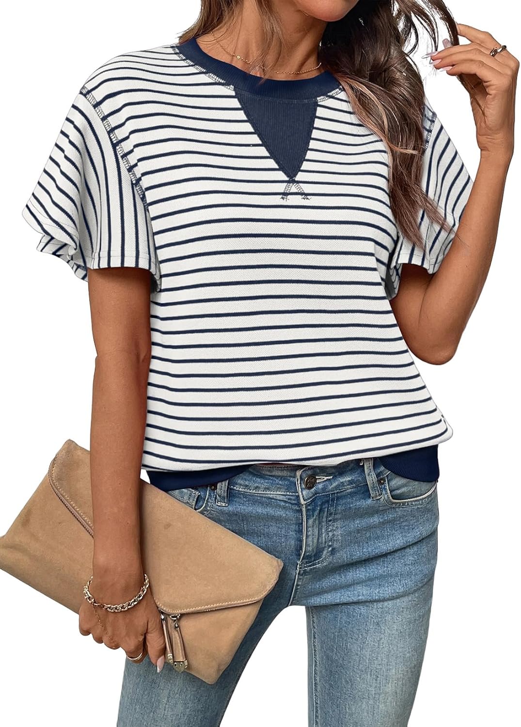 Acelitt Women Crewneck Short Sleeve Striped Tops,S-XXL - Image 4