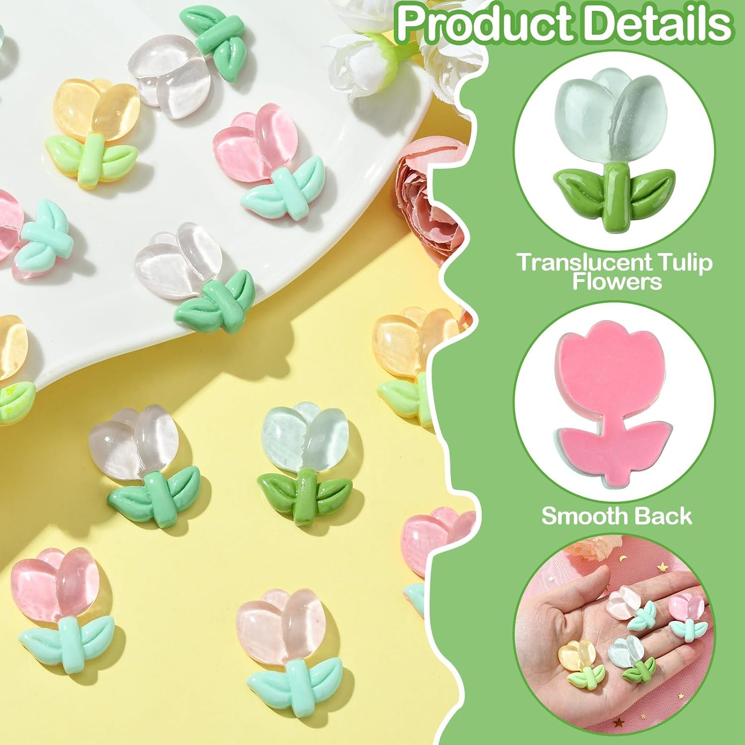 LiQunSweet 100 Pcs Mixed Colors Tulip Flowers Translucent Resin Cabochons Spring Floral Plastic Flatback Nohole Beads for DIY Jewelry Craft Phone Case