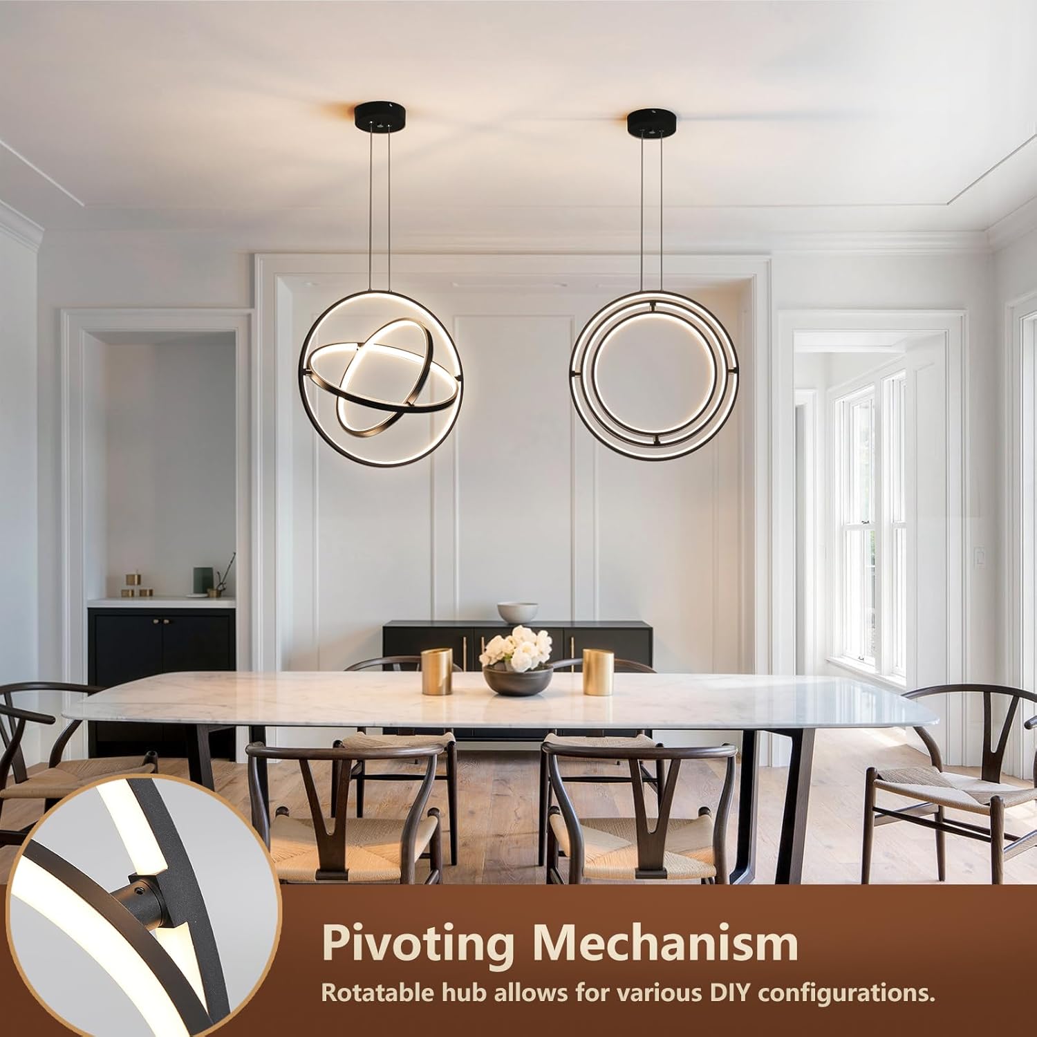 Modern LED Chandelier 3 Rings Black Circle Hanging Pendant Lighting Dimmable Round Ring Kitchen Island Chandelier Creative DIY for Dining Living Room Bedroom Height Adjustable