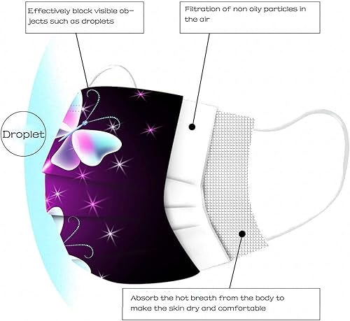 Miniatura 3 de Rowa Paquete de 50 mascarillas desechables de mariposa para adultos con diseño, 3 capas protectoras transpirables para mujeres y hombres con alambre