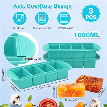 Soup Freezer Containers, 3 Pack Soup Cube Silicone Freezer Tray with Lid, 1000ML 4-Compartment Portions Cubes, Cube Freezer Tray for Meal Prep, Sauce (Light green)