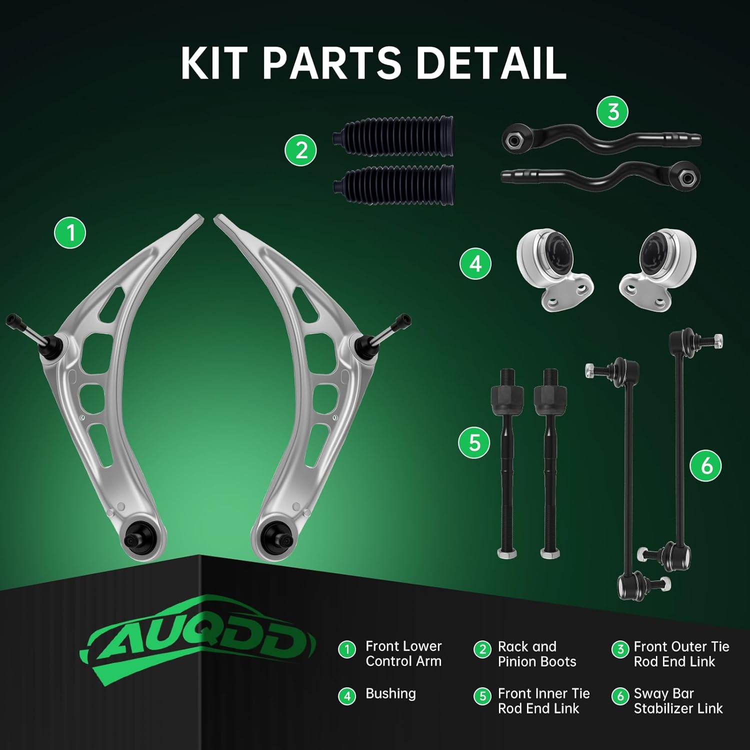 AUQDD 12Pc Front End Kit Fit For 2001-06 B-M-W 3-Series E46 (330i 328i 325i 325Ci 330Ci), 2 Lower Control Arm 2 Bushing 2 Sway Bar Link 4 Outer Inner Tie Rod End (K80527 K90515 EV441 ES3650 K200714)