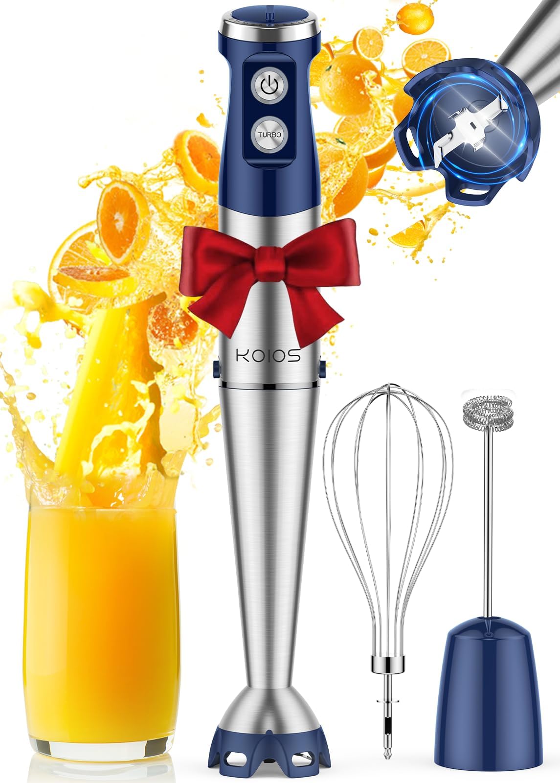 KOIOS Immersion Blender, 1000W Anti-scratch 3-in-1 Hand Blender, Upgraded 12 Speed Stainless Steel Blade Stick Blender with Turbo Mode, Whisk and Milk Frother, Non-BPA, Blue