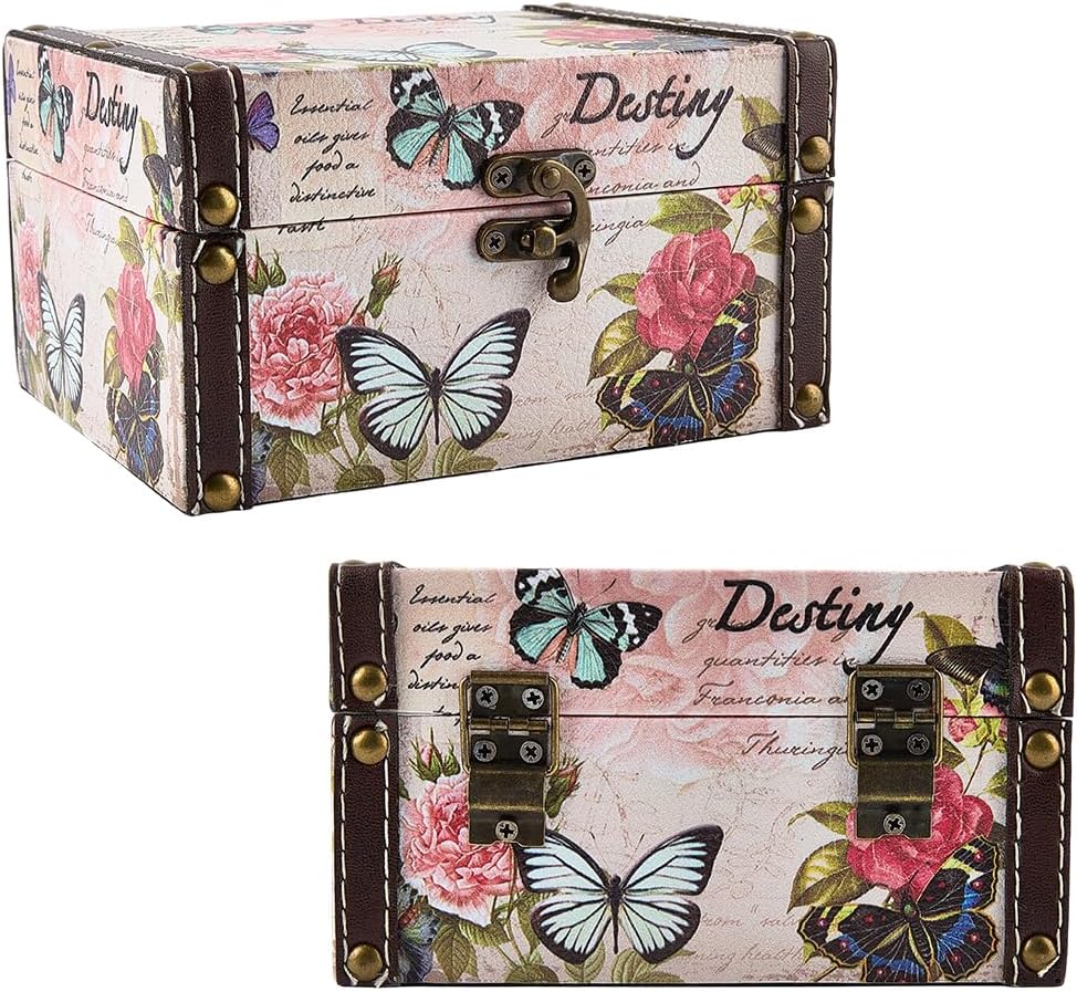 6.30 x 5.20 x 3.54 Inch Decorative Wooden Treasure Chest Box for Jewelry Trinkets Butterfly Floral Pattern Keepsakes Box Retro PU Leather Storage Case Organizer for Women Jewelry Earring