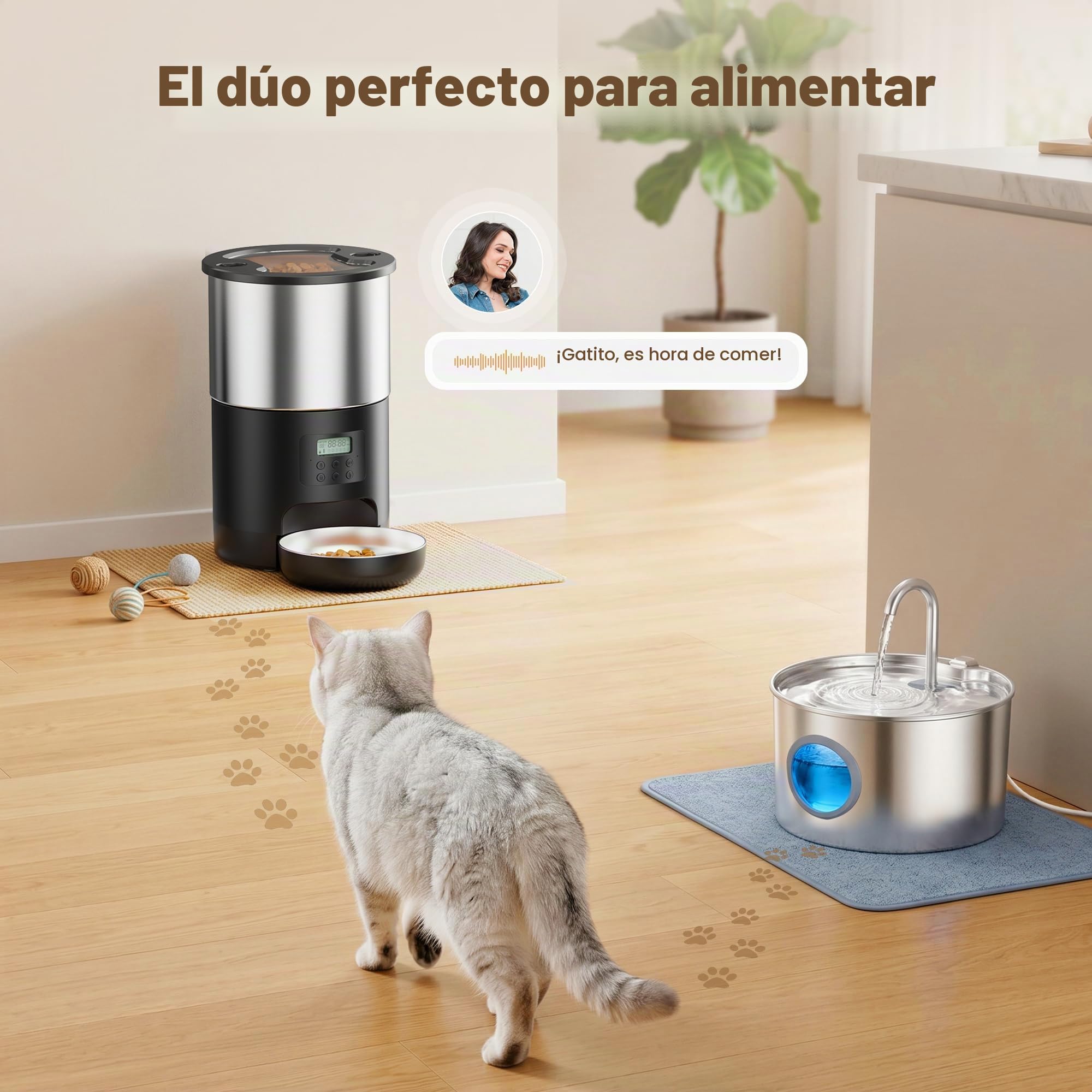 Fuente para Gatos y Comedero Gato Automatico: Acero Inoxidable Bebedero Gatos y Dispensador Comida Gato con Programable Temporizador 4 Comida al Día - 2.2L Dispensador Agua y 5L Alimentador Perro