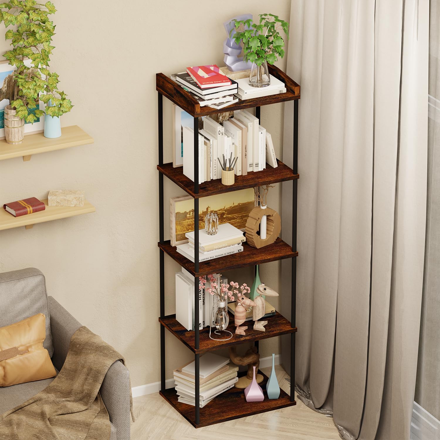 5-Tier Narrow Book Shelf, Tall Industrial Wood Bookcase, Vintage Storage Rack and Standing Bookshelves Display Rack for Home Office, Living Room, Bedroom, Kitchen, Rustic Brown