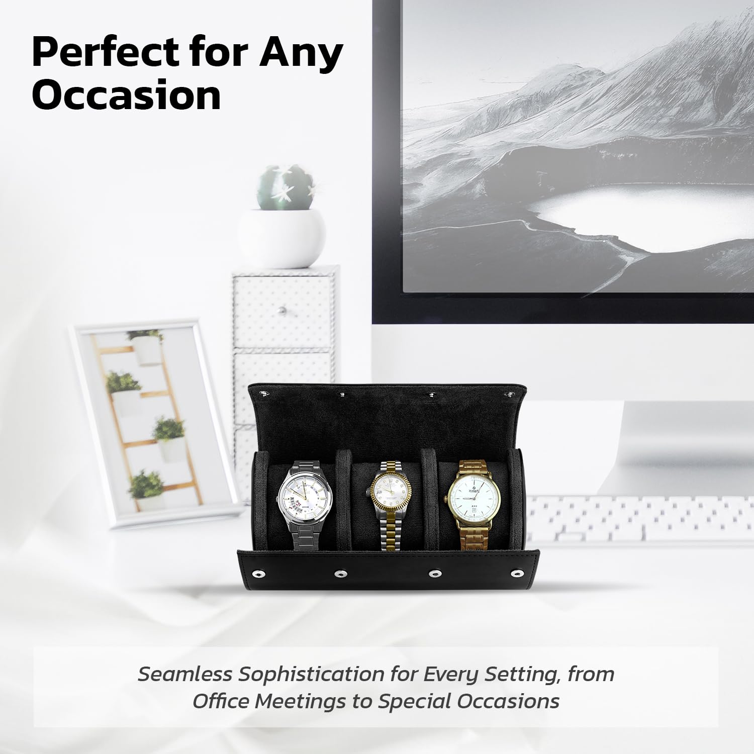 W&S - Estuche de viaje para relojes para hombres y mujeres con organizador de almacenamiento de 3 relojes, almacenamiento seguro con innovadoras almohadas extraíbles y separadores sólidos para