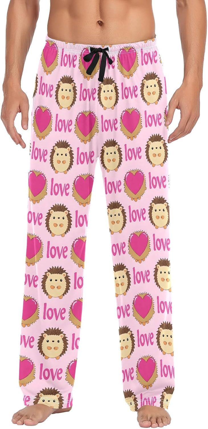 Men Pajama Pants Hedgehog Love Heart Pattern Lounge Comfortable Relaxed Sleepwear Bottom