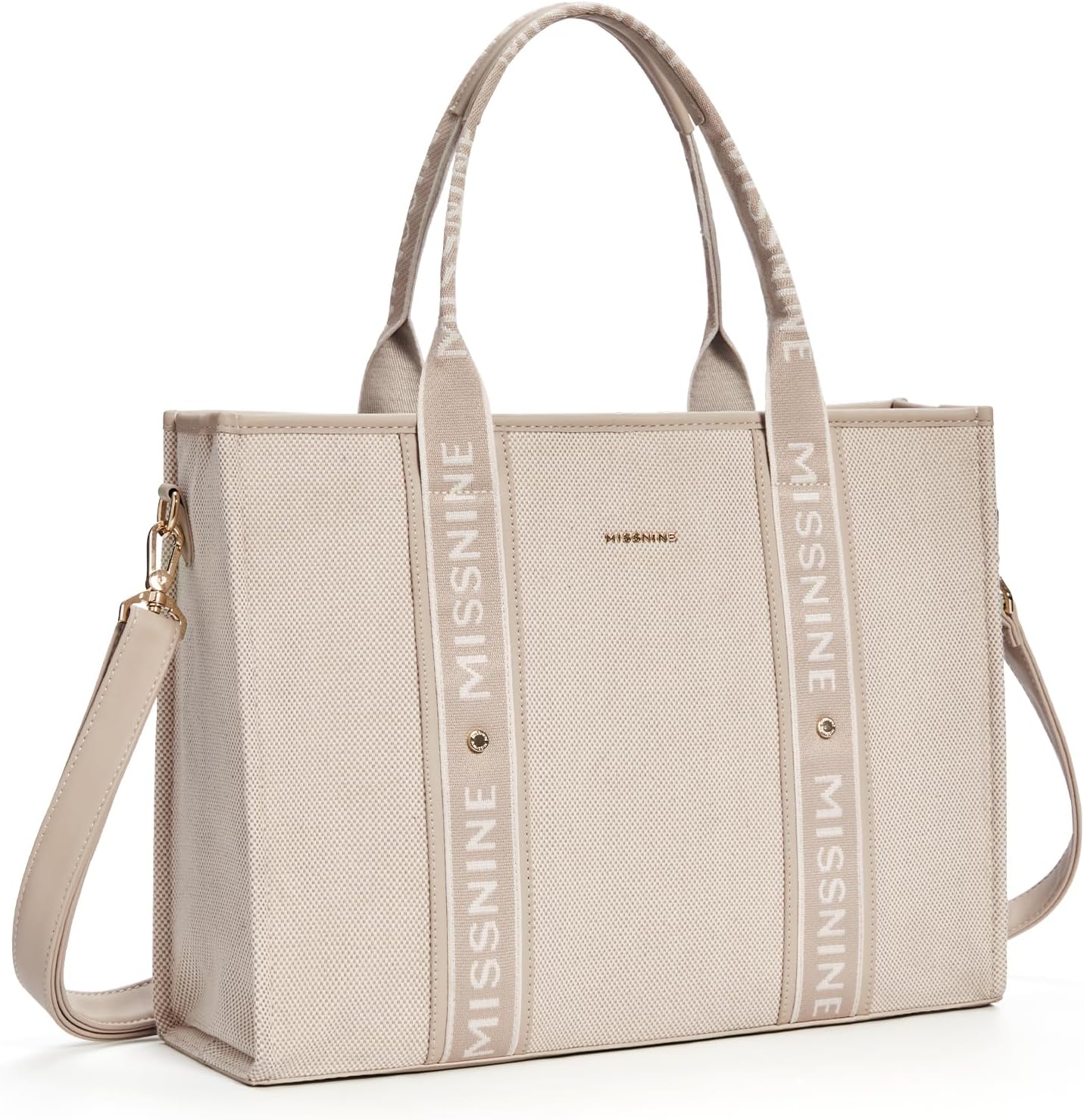 Missnine Tote Bag Canvas Laptop Bag 15.6 inch Briefcase for Women Large Capacity Handbag for Office, College, Travel (Beige+khaki)