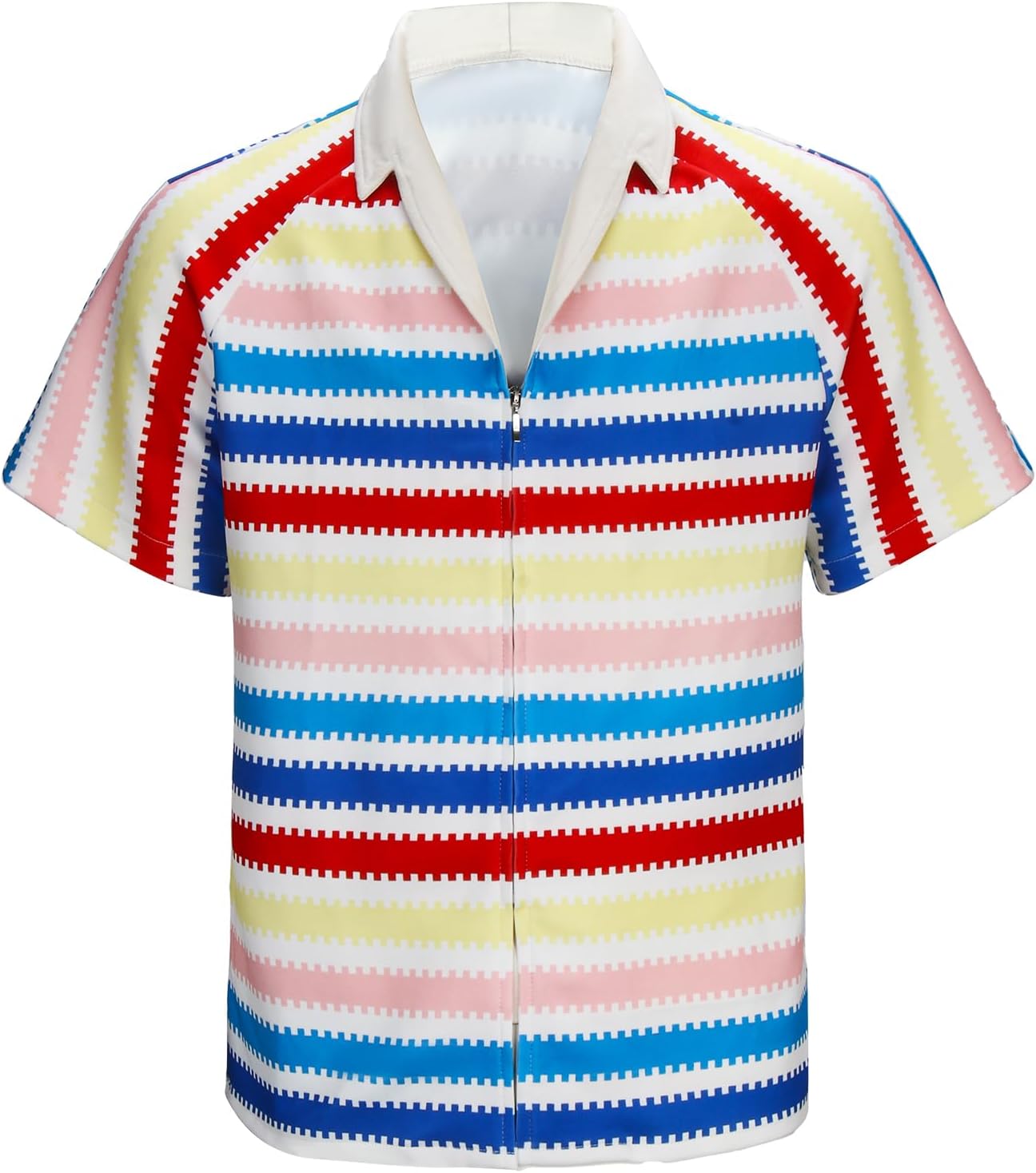 HLENOKAdult Men Allan Costume Shirt 80s 90s Rainbow Striped Hawaiian Beach Short Sleeve Halloween Cosplay Shirt