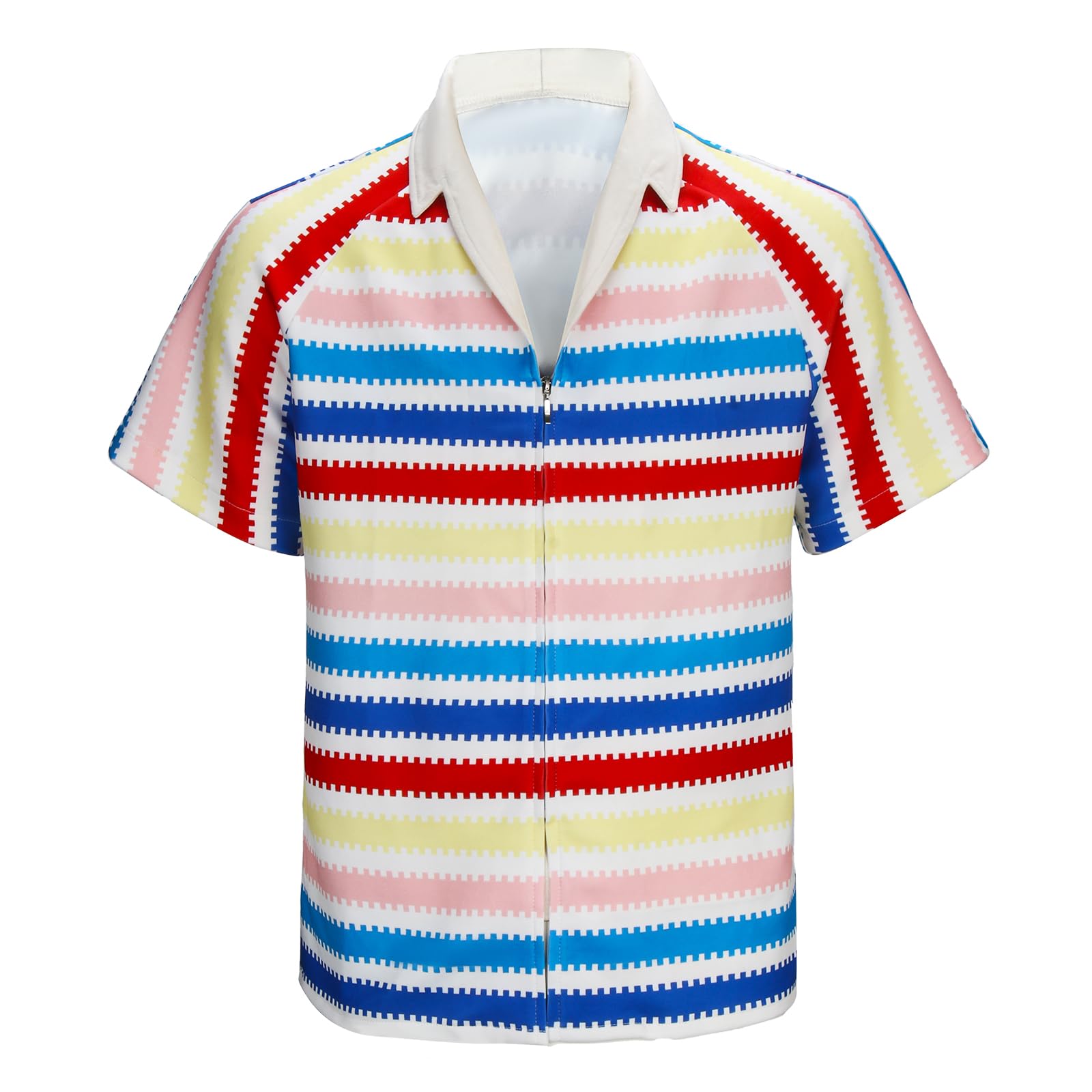 HLENOKAdult Men Allan Costume Shirt 80s 90s Rainbow Striped Hawaiian Beach Short Sleeve Halloween Cosplay Shirt