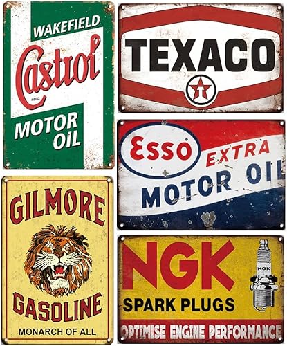 Letreros de estaño retro vintage para automóvil, motocicleta, gasolina, garaje, decoración de pared del hogar, placas de metal, 5 unidades de 7.9 x