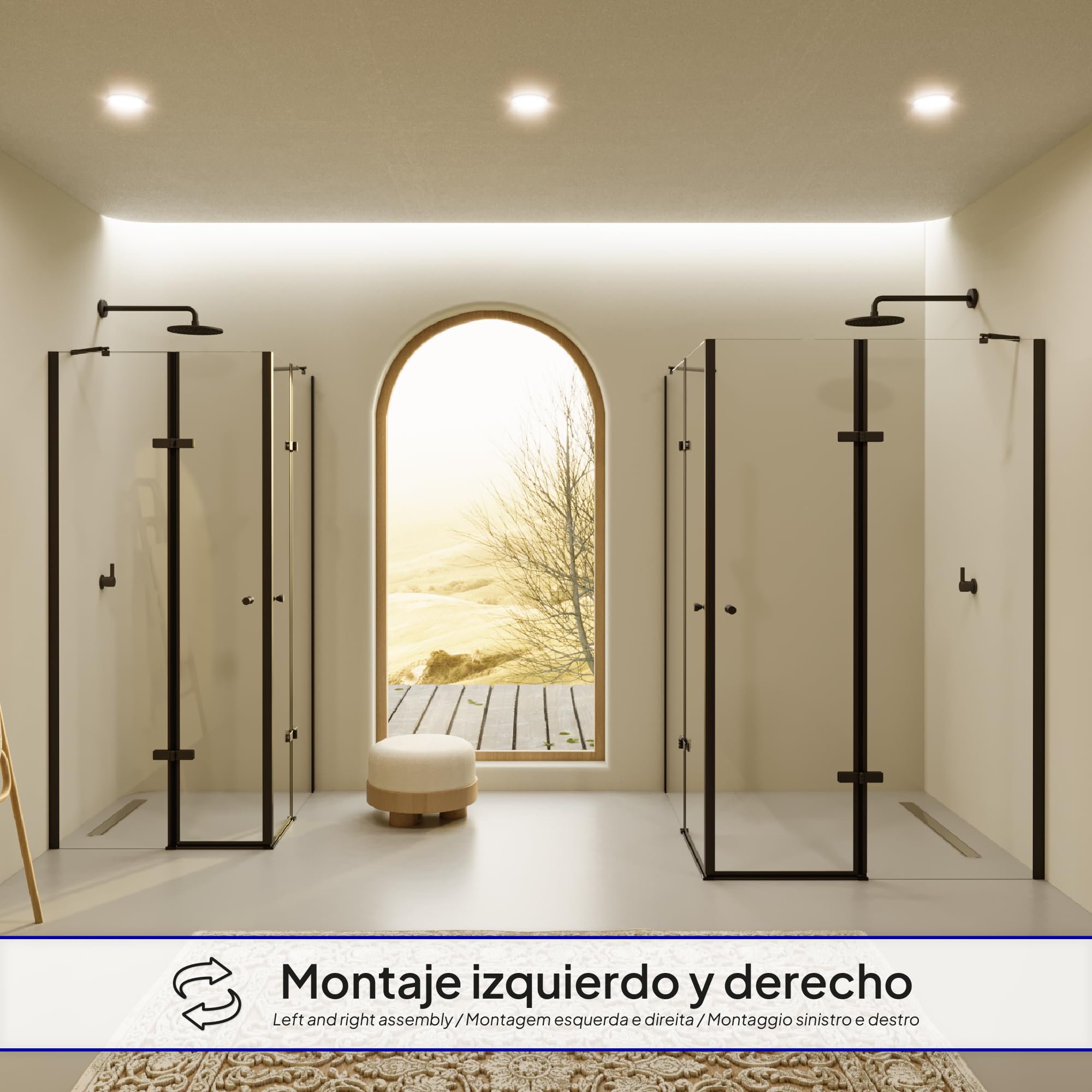Mampara de Ducha Alice-70x75x180cm|REVERSIBLE|Puertas Abatibles, Ajuste 69,3-71,3x74,3-76,3cm|Perfiles Negros, Cristal Templado Transparente 6mm