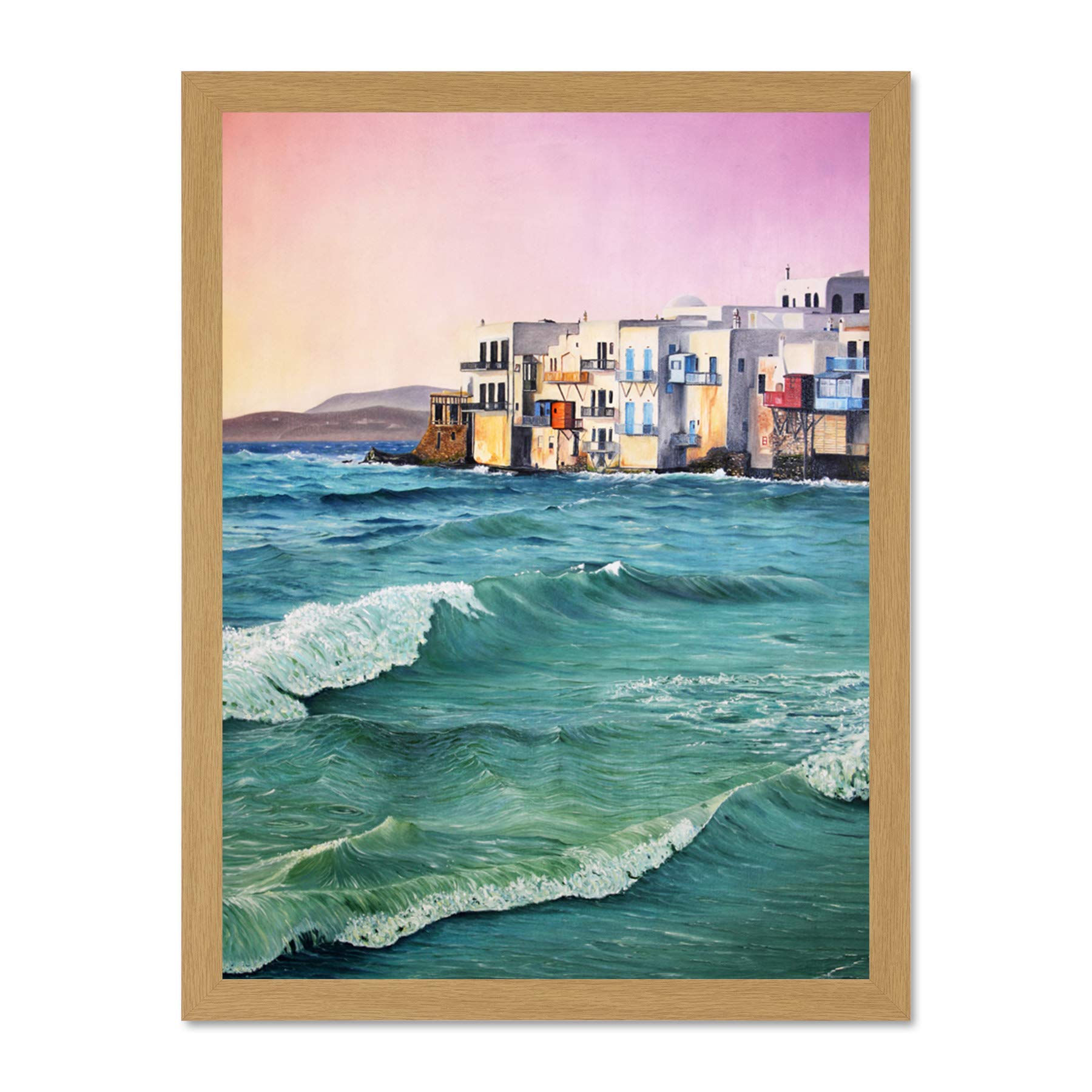 Wee Blue Coo Greece By The Sea Painting Large Framed Art Print Wall Poster 18x24 inch