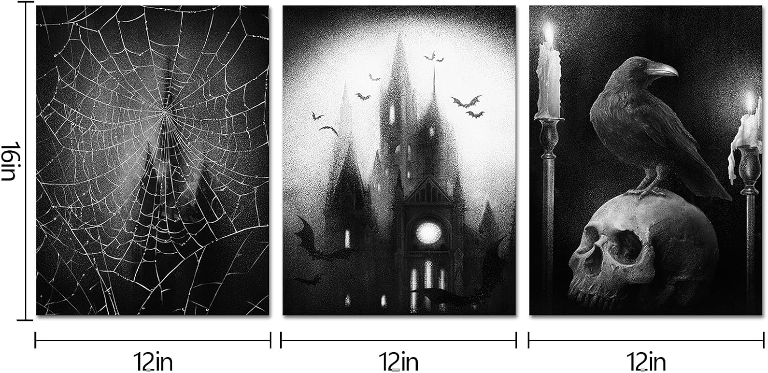 Visual Art Decor Gothic Wall Art Skull Wall Decor Halloween Decor Painting Framed Canvas Artwork Black and White Gothic Room Decor (12"x16"x3 Pieces)