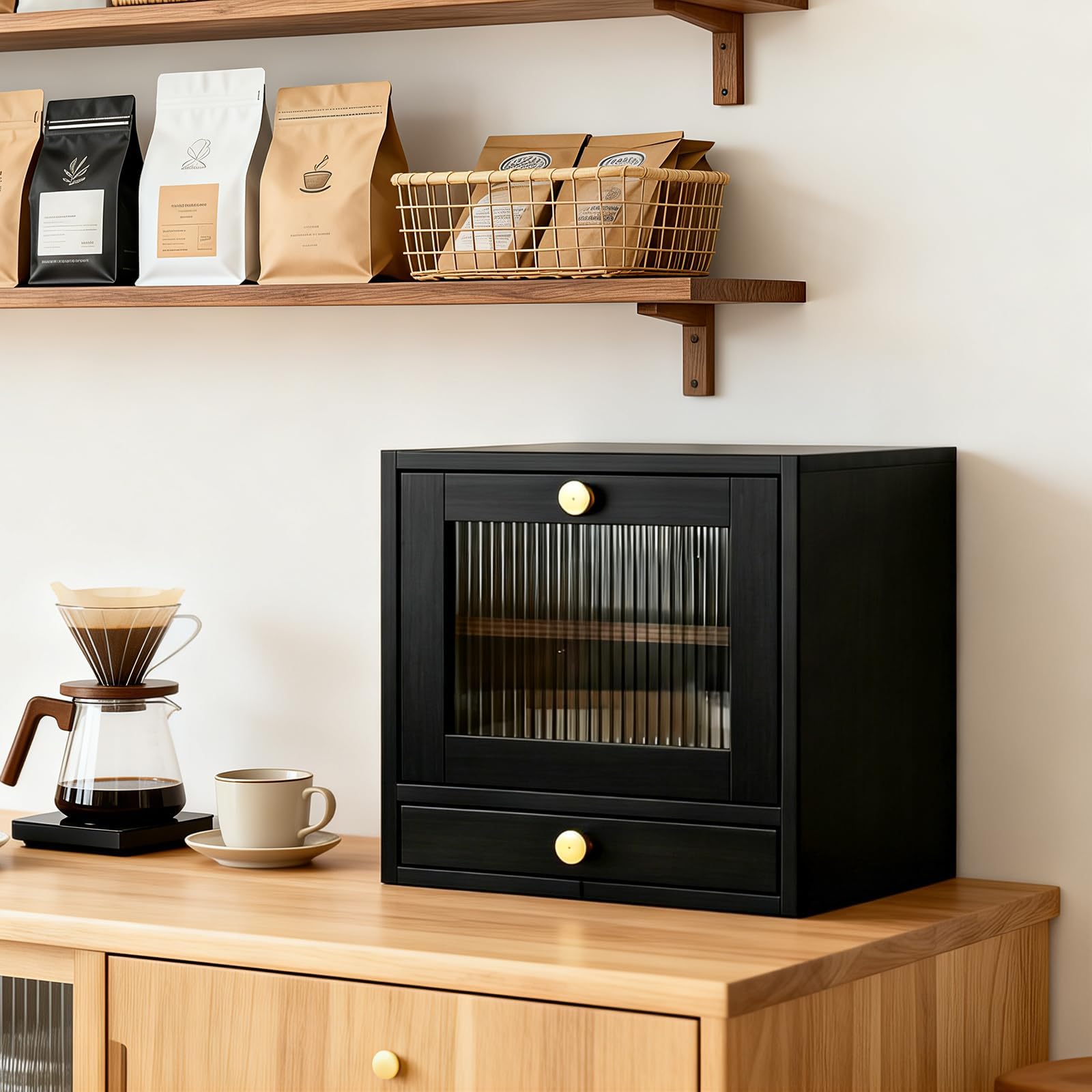GarveeHome Brotkasten Holz, 36,8 x 24 x 36 cm Groß Brotbox mit Schublade zur Aufbewahrung von Geschirr, Küche Brotaufbewahrung mit Acrylglasfenster für Brot Längere Frische & Einfache Pflege