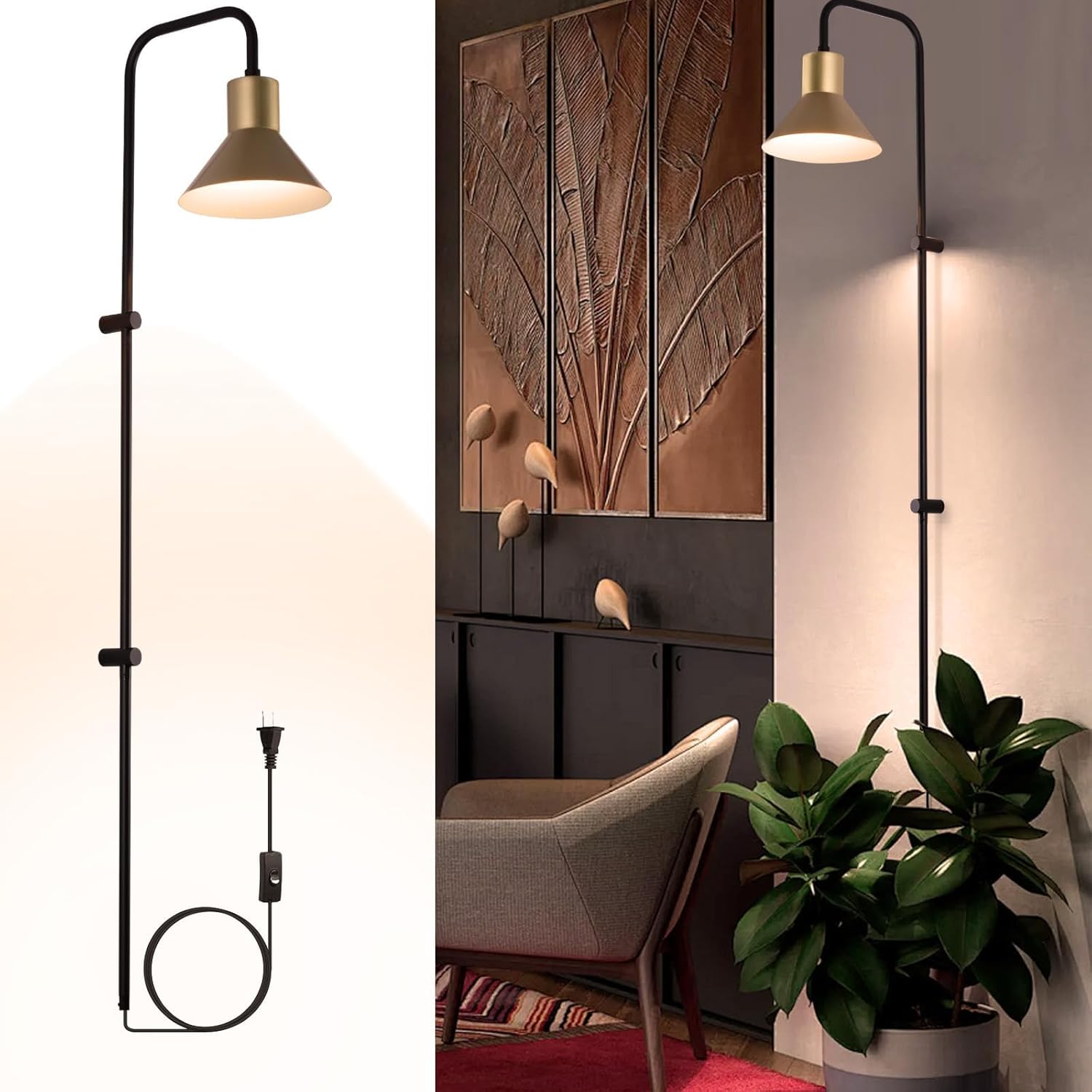 Plug in Wall Sconce with Switch, Indoor Horn Cover Wall Mounted Lamp with E26 Base, Long Wall Light for Bedroom Living Room Study Hallway Bedside（1PCS）