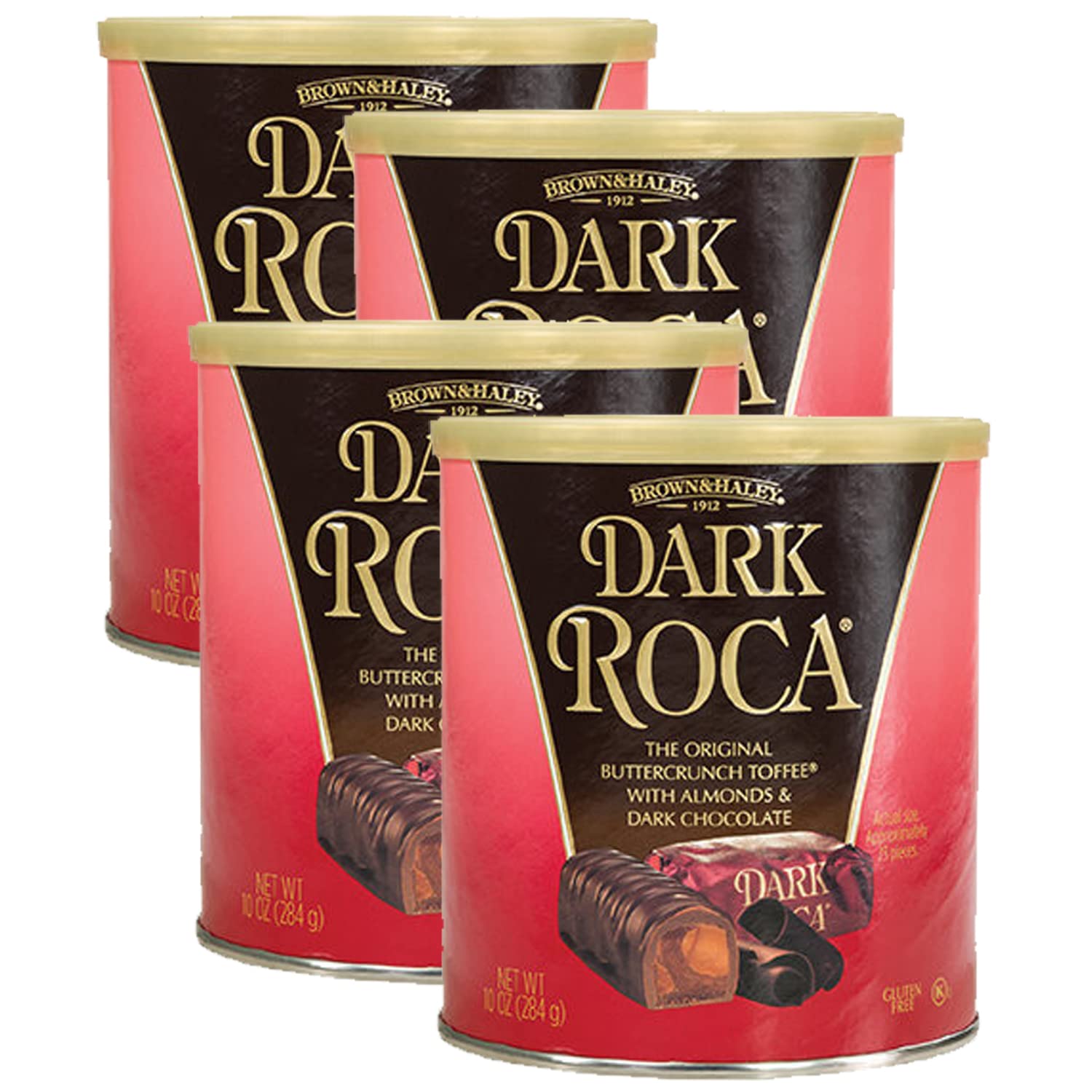Brown & Haley Almond DARK ROCA Canister, Individually Wrapped Dark Chocolate Candy, Buttercrunch Toffee with Almonds Covered in Dark Chocolate, 10 Ounces (Pack of 4)