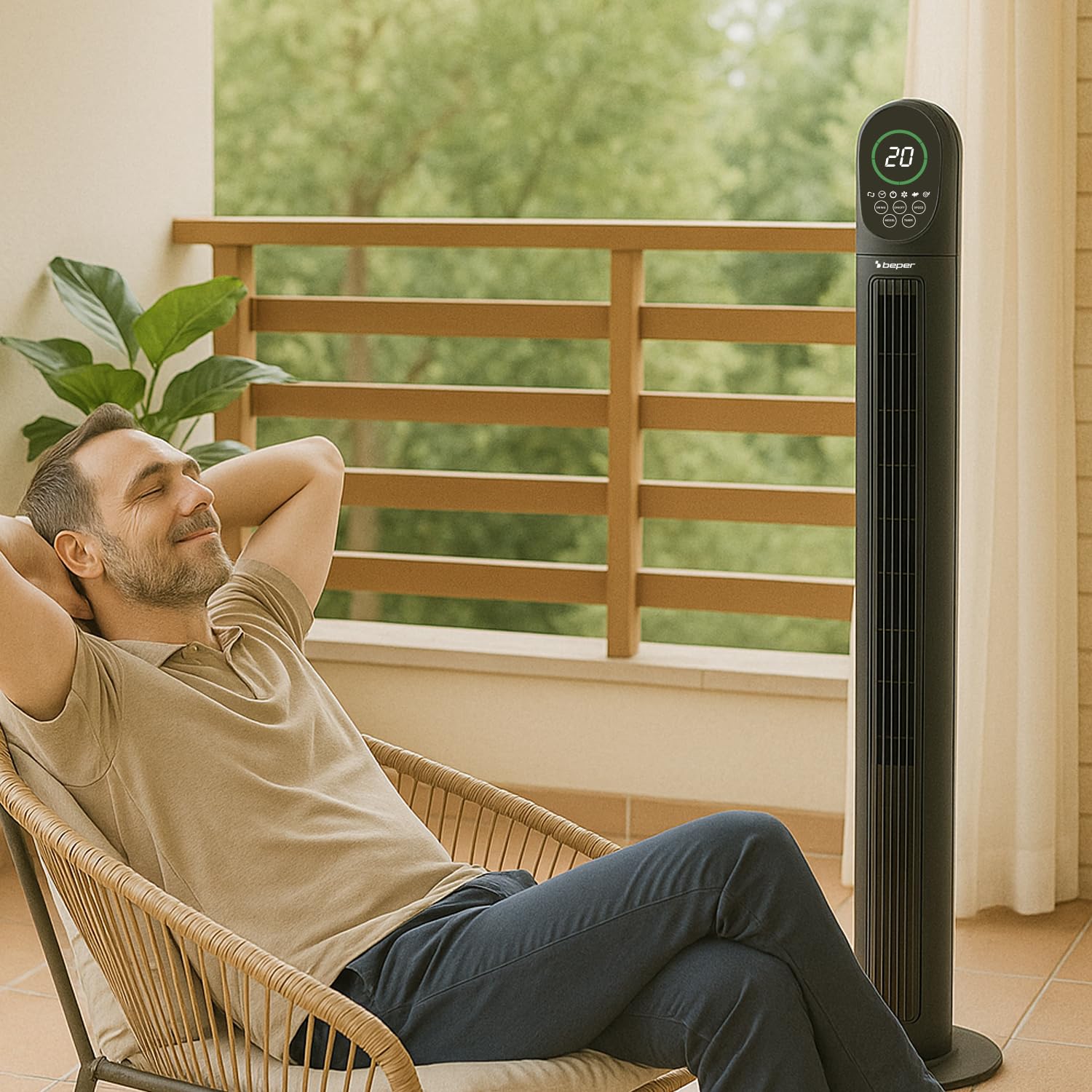 BEPER P206VEN310 Ventilador de torre digital de lujo con control remoto, silencioso, 3 velocidades y 3 modos, oscilación, temporizador de 7,5 horas, base estable