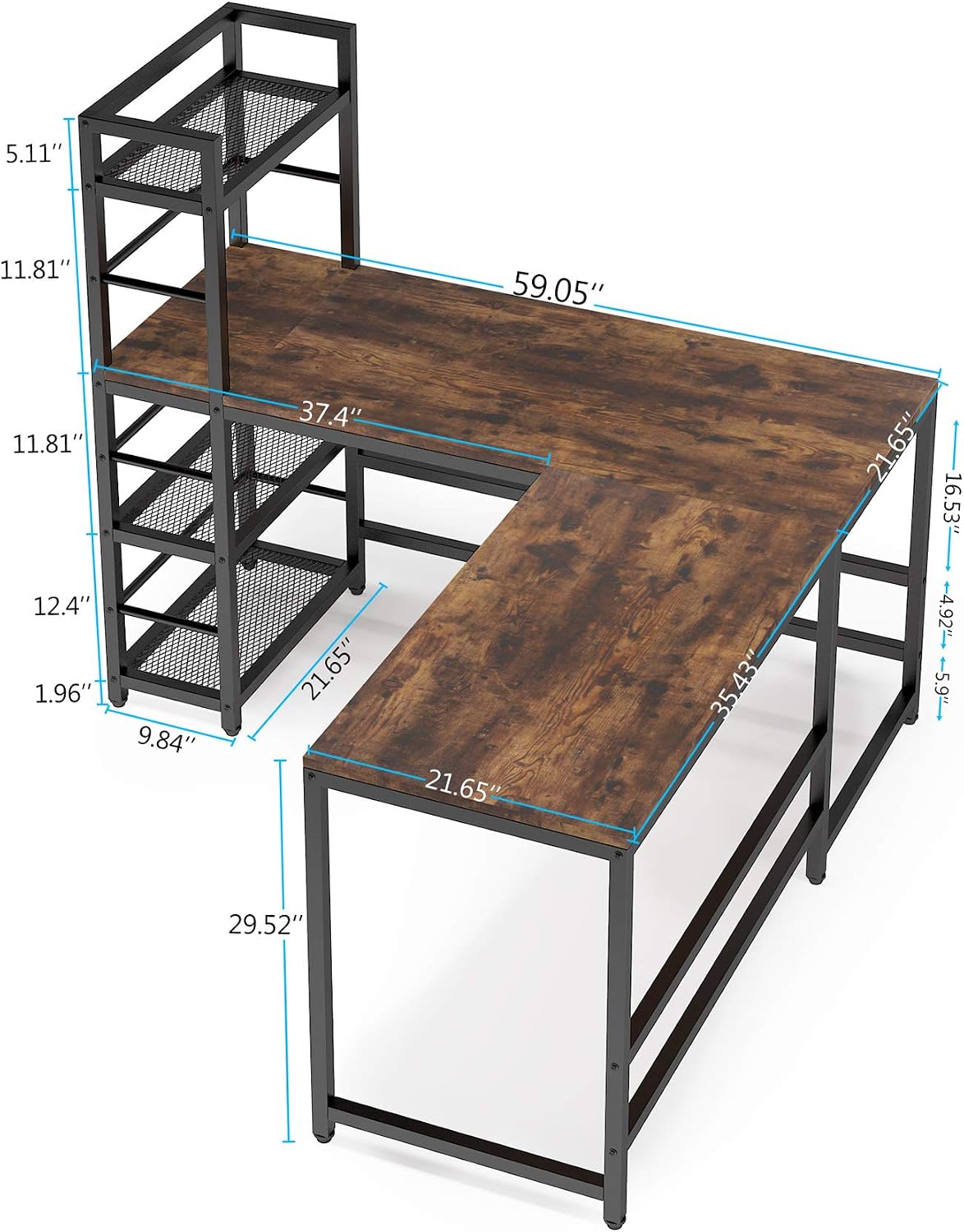 Tribesigns 59 Inch L Shaped Desk with Storage Bookshelf, Reversible Corner Desk with 4 Tier Shelves for Home Office, Space-Saving L Shaped Computer Desk Writing Study Table PC Gaming Desk(Vintage)