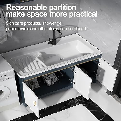 Miniatura 2 de Fregadero de lavandería con gabinete, independiente, cerámica y aluminio, 61*50*80CM, fregadero de utilidad para cuarto de lavado, baño, al aire