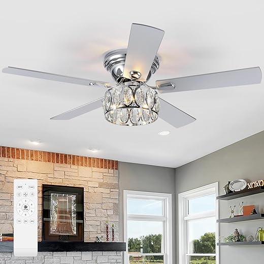 Breezary 52 inch Flush Mount Black Ceiling Fans with Light Remote Control, 5 Reversible Blade Farmhouse Low Profile Ceiling Fan with Crystal Lighting Chandelier for Bedroom