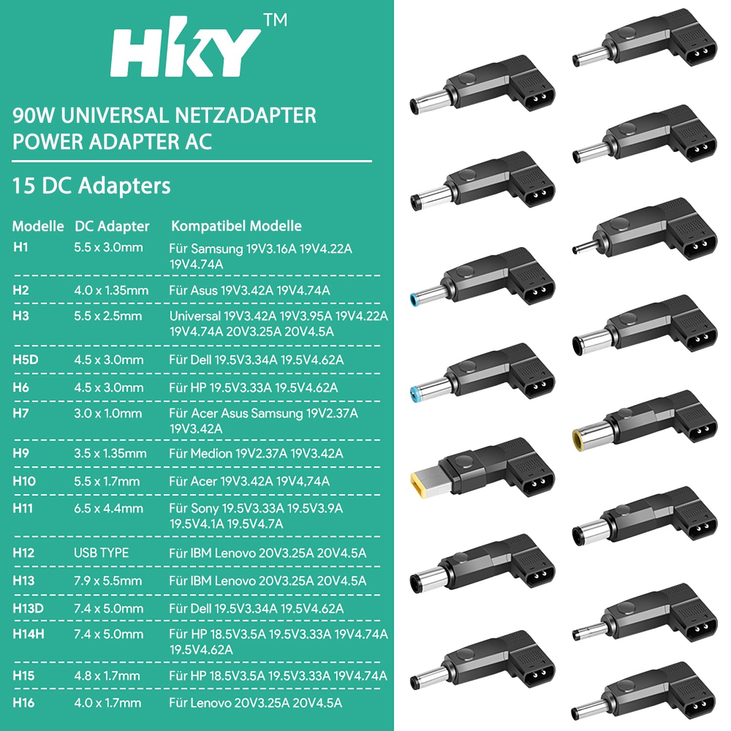 HKY 90 W Universal-Netzteil für Notebook PC Universal tragbar für HP Stream Asus Lenovo Dell Acer Toshiba Sony Fujitsu Siemens MSI Samsung Notebook Ladegerät AC Adapter