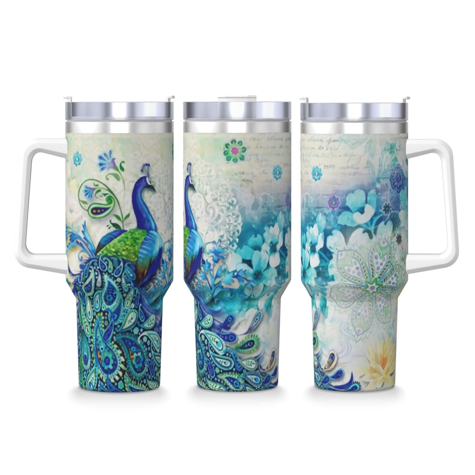 PTONUIC Vaso de pavos reales y flores de 40 onzas con asa y tapa con popote, taza aislada reutilizable de acero inoxidable, botella de agua, taza de viaje, apta para portavasos, regalos para mujeres y