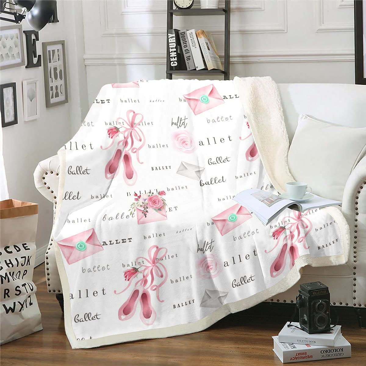 Homemissing Children Ballet Blanket for Girls - Pink & White Rose Flowers Fun Flannel Fleece Blanket - Single, 50x60 Inch — image 1