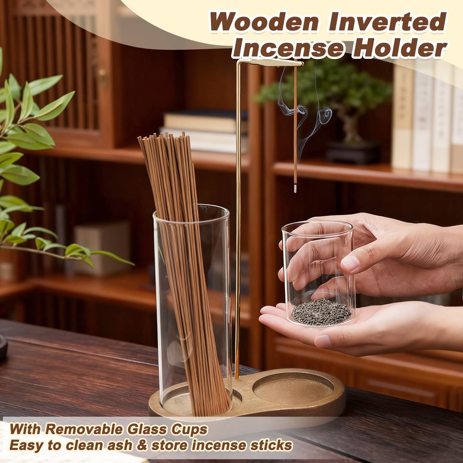 2 in 1 Porta Incenso con Base Legno, Contenitore Cenere Vetro Rimovibile, Organizer Raccogli Cenere, Portaincenso Capovolto Bastoncini per Meditazione, Yoga, Spa, Decorazione Casa (Marrone)