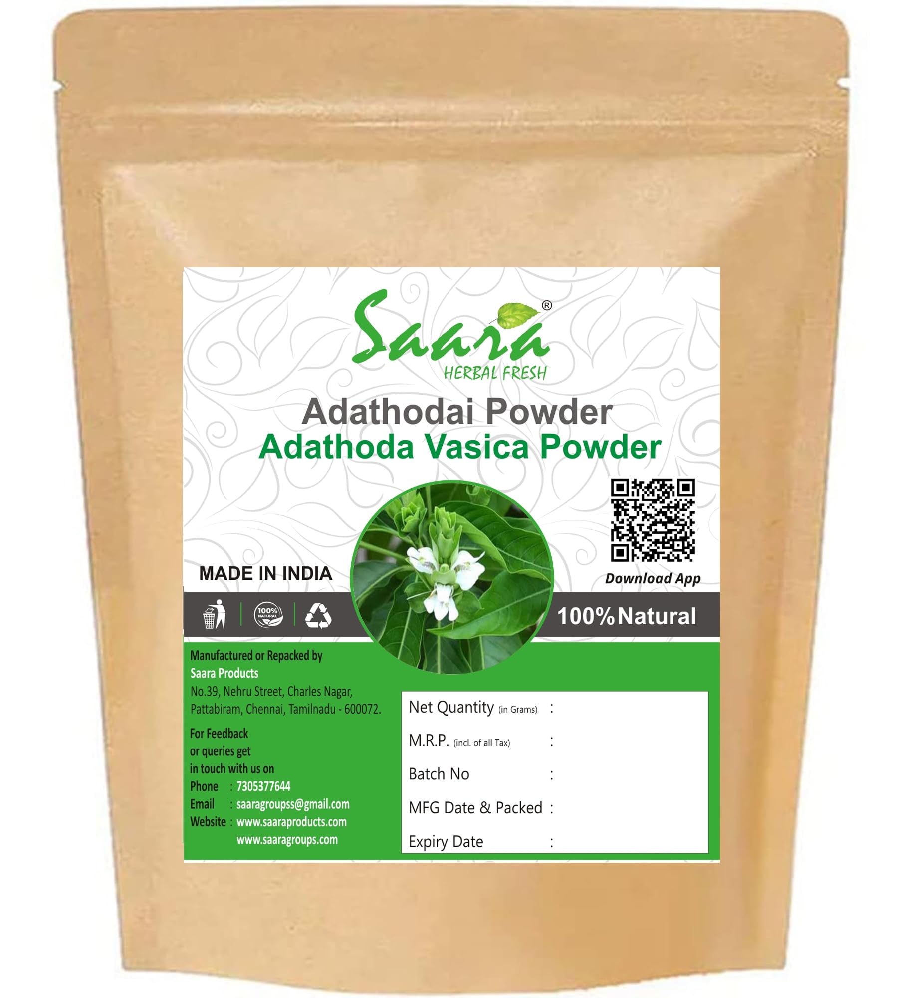 Saara HERBAL FRESH Adathodai Powder, 70g,Vasaka, Adusa, Adalodakam Leaves, Justicia Adhatoda, Malabar Nut, Adhatoda Vasica Powder,(Pack of 1 X 70gm)