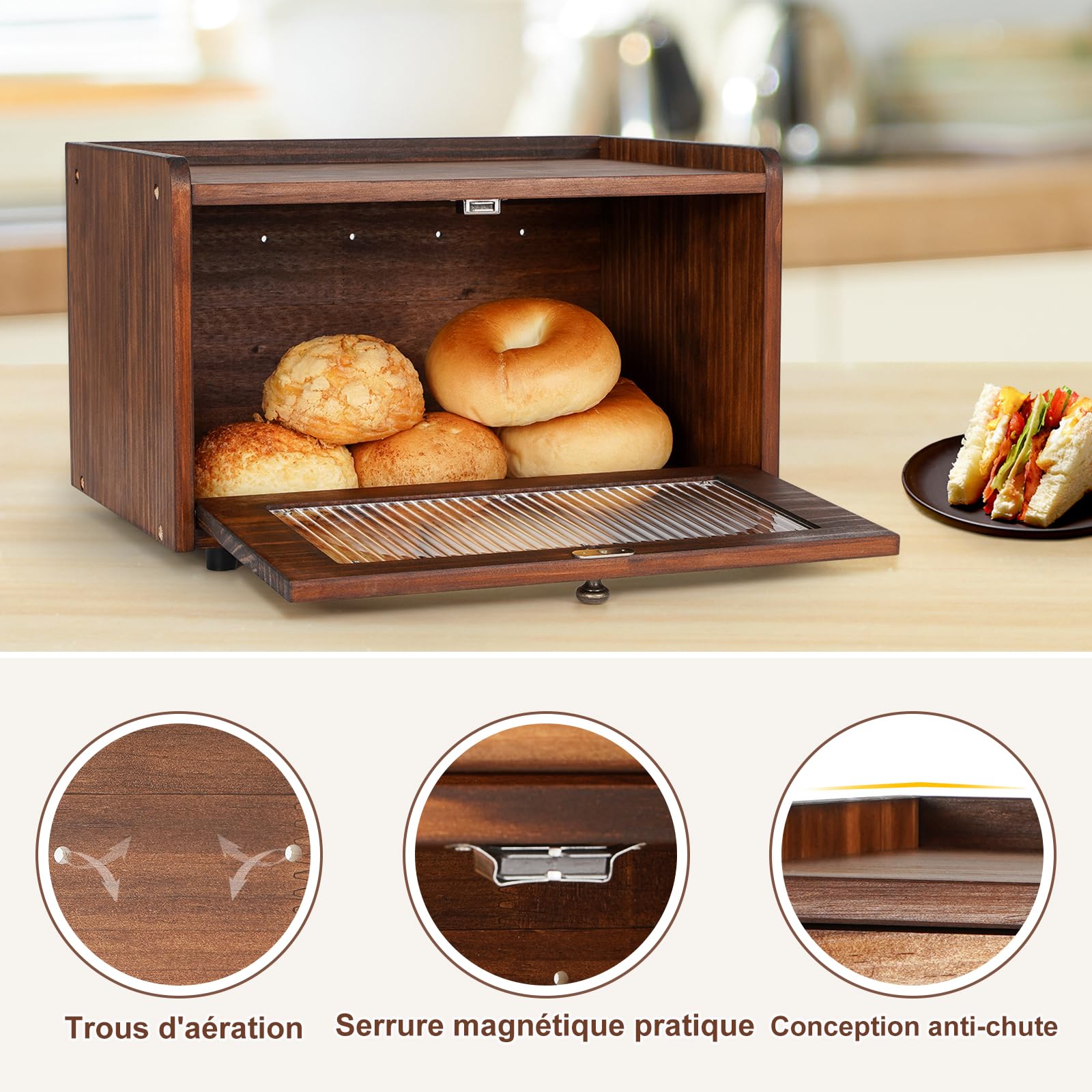 GUUSII HOME Boite a Pain Boîte à Pain de Mie Bois Huche à Pain Vintage Rangement Cuisine Countertop Conteneur de Stockage de Pain avec Porte Magnétique Fenêtre Acrylique 36.5x23.5x22cm (Gris)