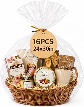 WIKDAY Cellophane Wrap for Gift Baskets 24x30 Inches 16 PCS Large Clear Gift Wrapping Plastic Bags with Ties for Gift Giving, Packaging Products