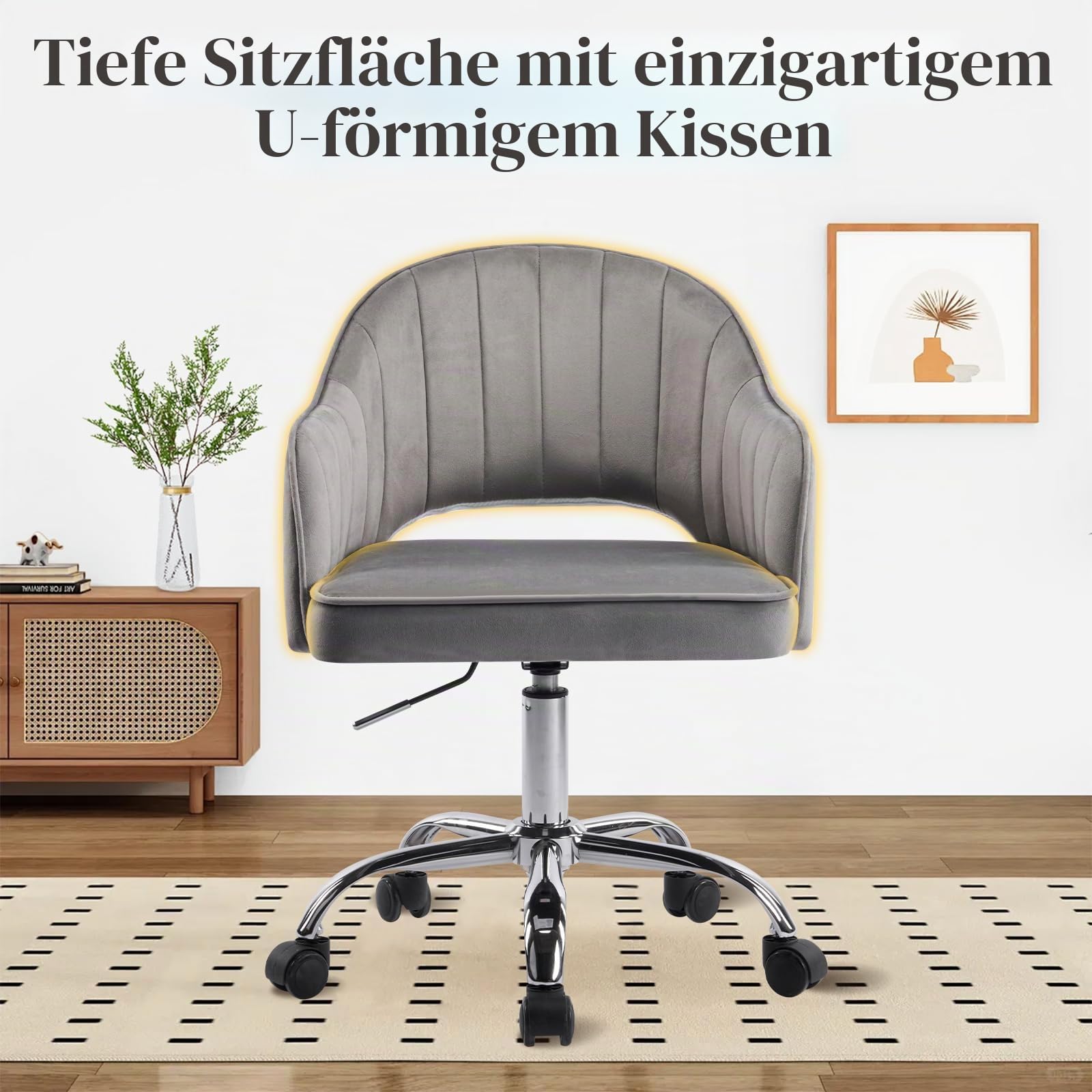Schminkstuhl, Schminktisch Stuhl, SamtStuhl, Drehstuhl, U-förmiger Tiefsitz, Höhenverstellbar, Ergonomischer, für Arbeitszimmer, Schlafzimmer, bis 113 kg belastbar Grau
