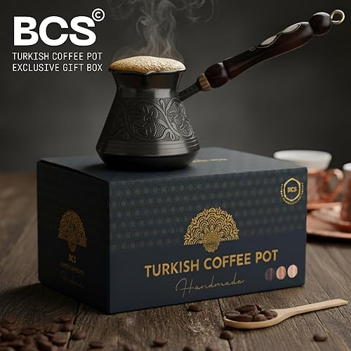 Miniatura 6 de BCS Cafetera turca griega árabe grande de cobre de 18 onzas con mango de madera 6 porciones Cezve Briki Ibrik Cafetera para estufa incluye cuchara