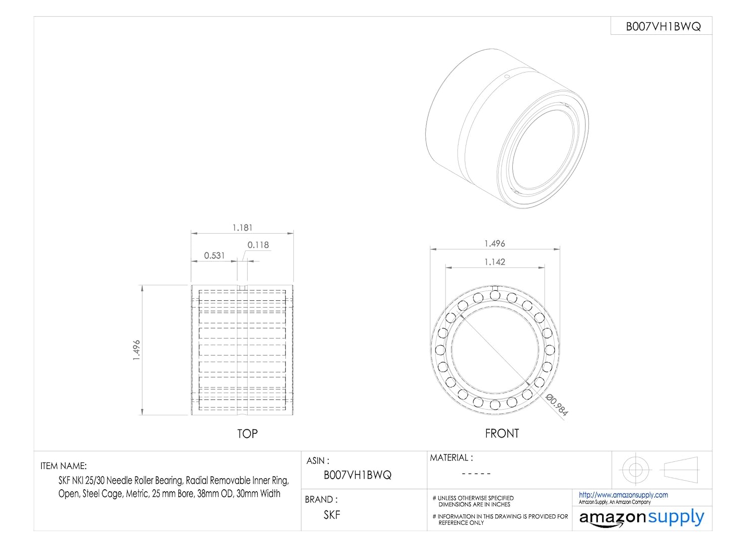 SKF NKI 25/30 Needle Roller Bearing, Radial Removable Inner Ring, Open, Steel Cage, Metric, 25 mm Bore, 38mm OD, 30mm Width