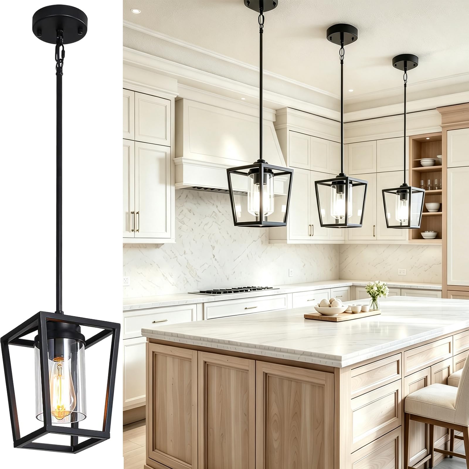 Wynterhaven 4-Light Black Lantern Chandelier – Farmhouse Cage Pendant For Kitchen Island