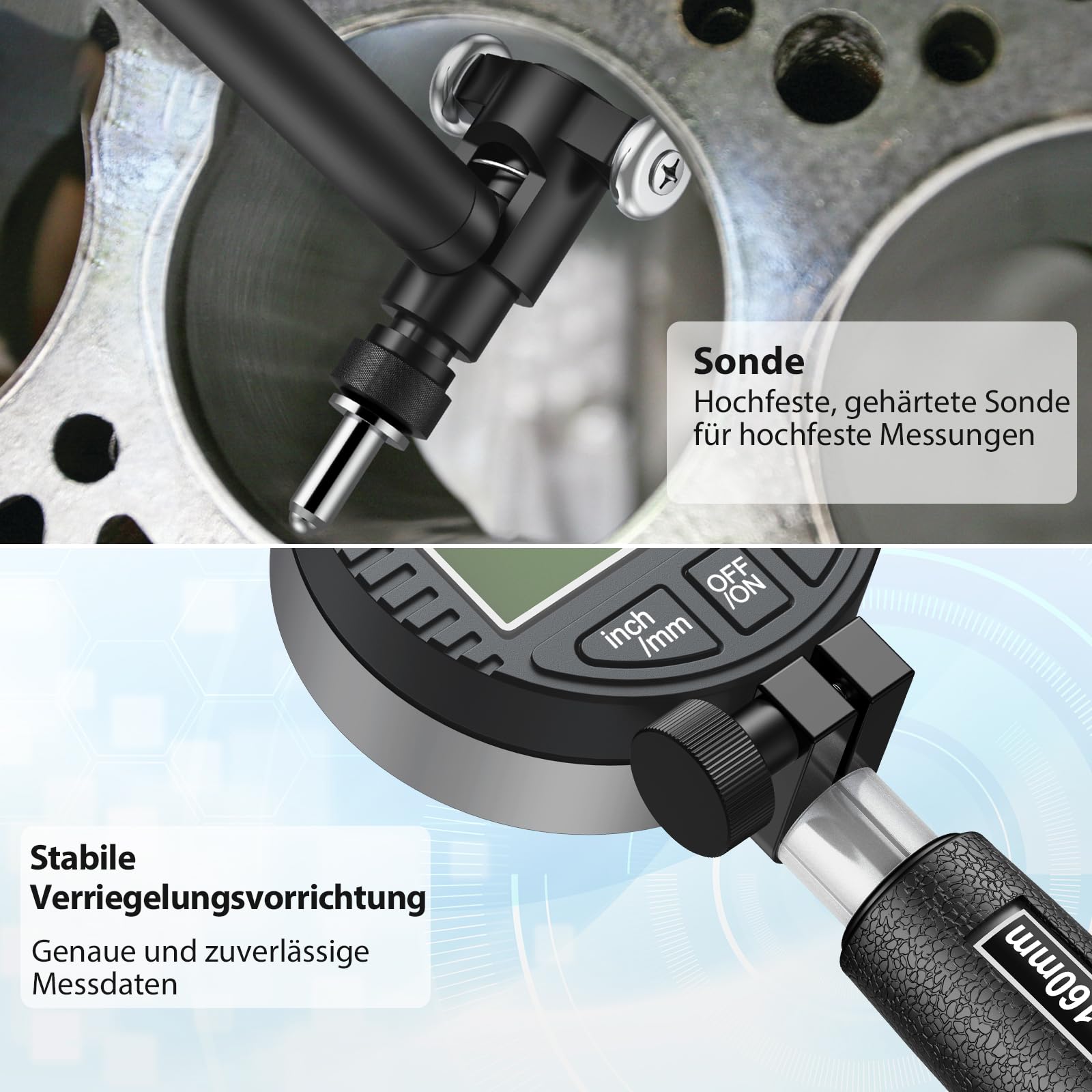 Digitales Bohrungsmessgerät 18-160mm – Präzises Innenmessgerät mit LCD-Messuhr, 0,01mm Genauigkeit, tiefes Messen bis 150mm, inkl. Zubehör & ABS-Box