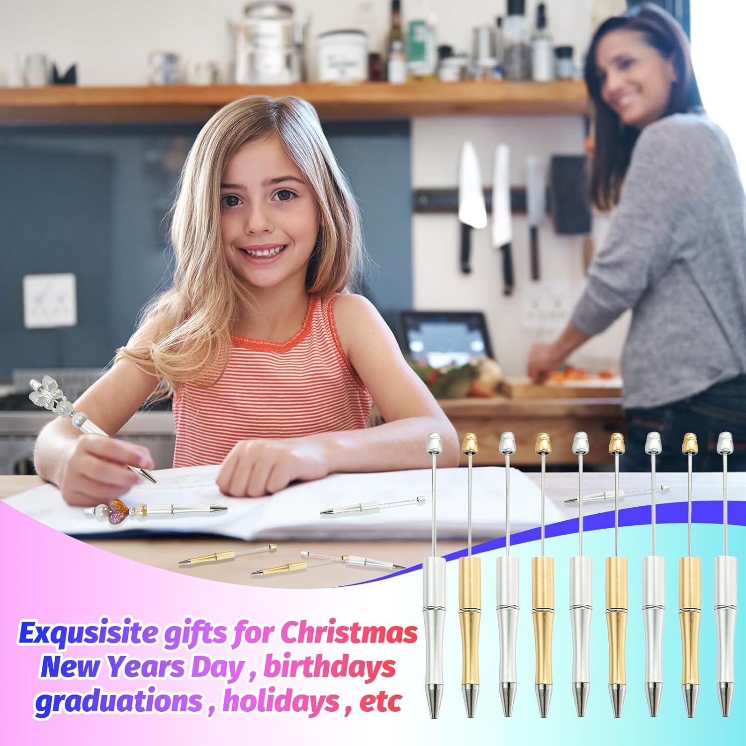 300 Pieces DIY Beadable Pen Kit – 100 Plastic Ballpoint Pens with Refills & Bags – School Supplies, Office Accessories & Decorative Items for Students & Teachers (Silver and Gold)