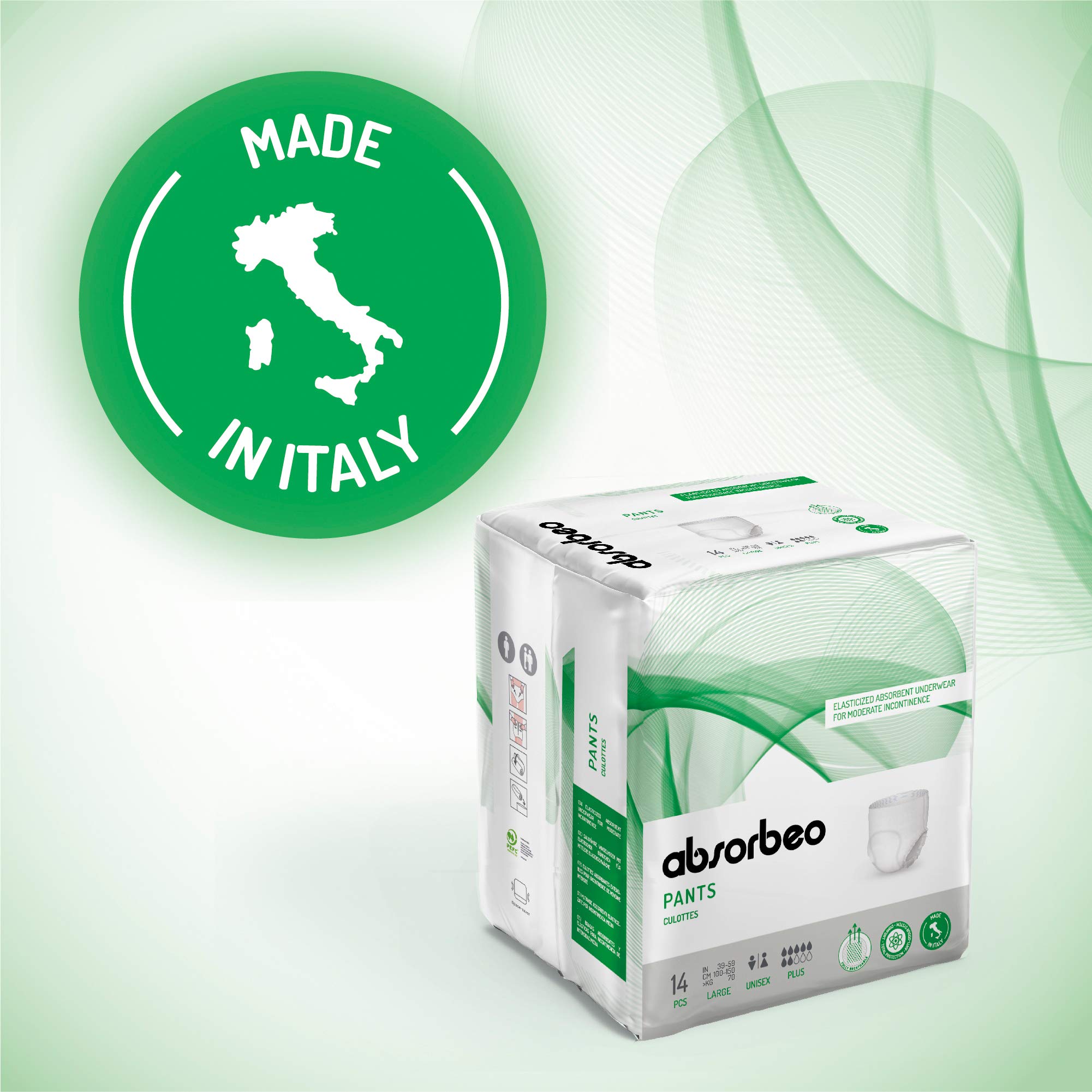Absorbeo Pants EXTRA, Elastische 14 Stück, Absorbierende Windelhose für Mittlere Blasenschwäche, Absoluter Komfort, Totaler Schutz, Anti-Odour-System, Vollständig Atmungsaktiv, Unisex, Größe L