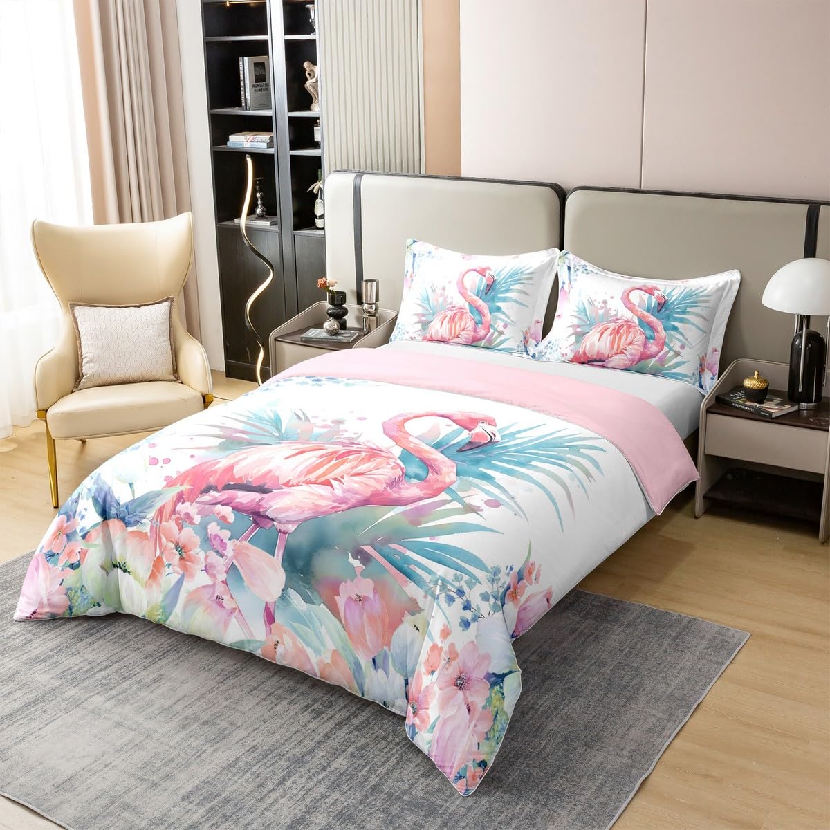 Loussiesd Kinder Flamingo Baumwolle Bettwäsche Set 135x200cm Jungs Mädchen Tropische Flamingo Muster Betten Set Blume Floral Drucken Bettbezug Set Bauernhaus Zoo Wildtierstil Bettwäsche-Set
