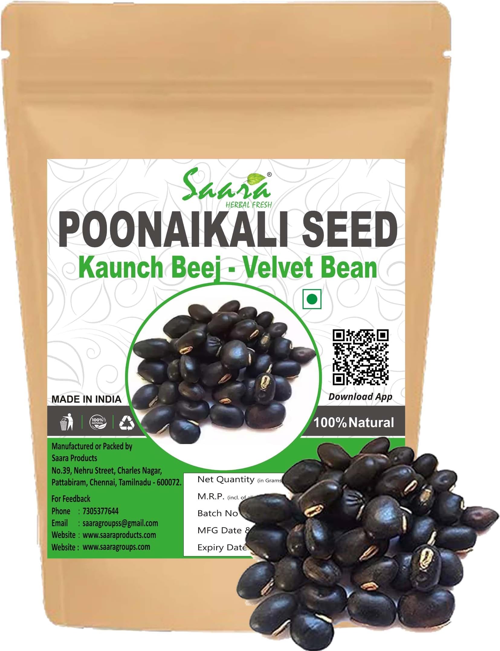 Saara HERBAL FRESH Poonaikali Seed Black, 100 g Mucuna pruriens, Kaunch, Poonaikali, Kapikachhu, Velvet Bean, Helps to reduce Stress and Anxiety, 100g