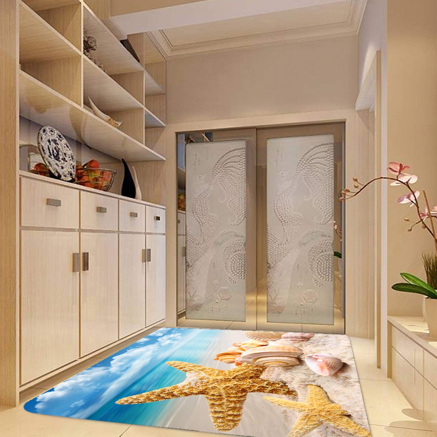 Tappetini assorbenti antiscivolo in bagno e cucina, in flanella luminosa e resistente, con stampa 3D in soggiorno, e tappeto decorativo a tema spiaggia di conchiglie da 180 x 61 cm