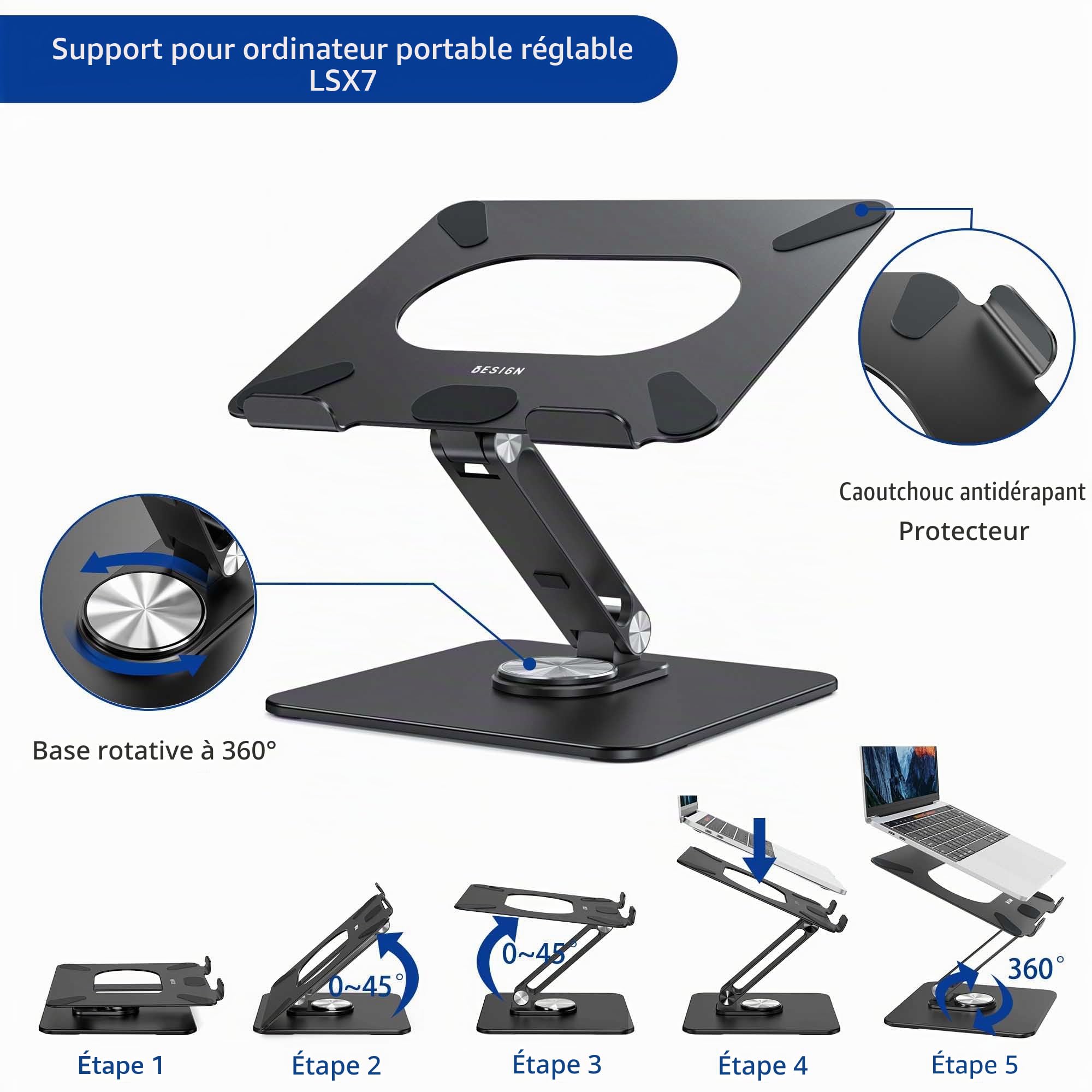 BESIGN LSX7 Support Ordinateur Portable Base Rotative 360° Ergonomique Compatible 10-15.6 Pouces Noir